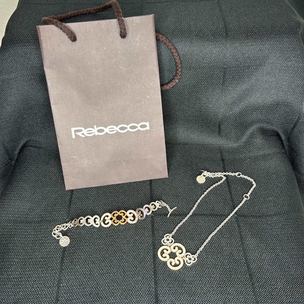 Rebecca Gold and Silver Bracelet & Necklace featuring white shimmering inlay.